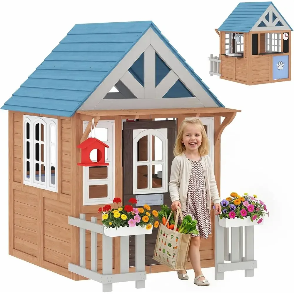 Kids Outdoor Wooden Playhouse - Evcil Hayvan Kapılı Qaba Açık Hava