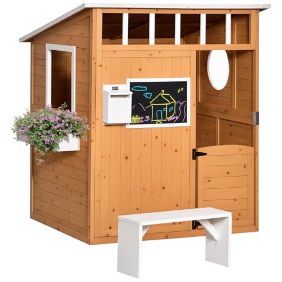 Kids Outdoor Wooden Playhouse - Çocuklar İçin Çalışan Kapılı, Sarı Kaplamalı,