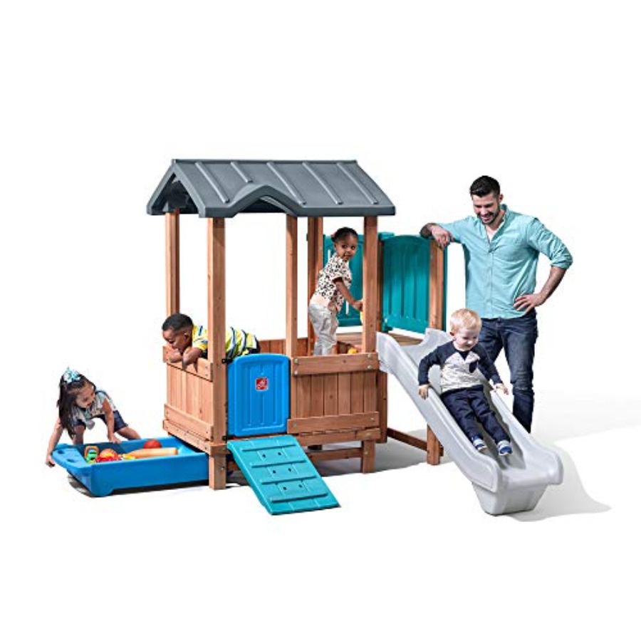 Kids Outdoor Wooden Playhouse - Ormanlık Macera Oyun Evi ve Kaydırak,