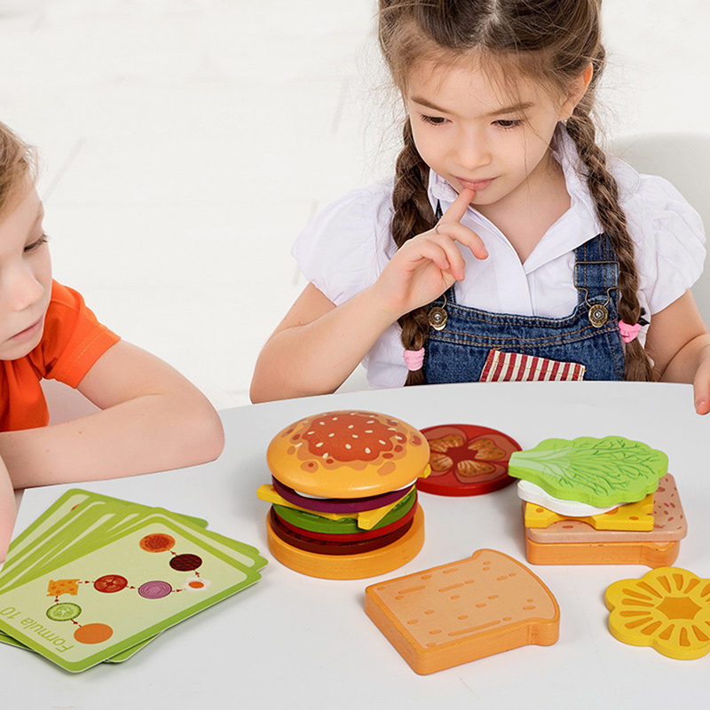 Kids Outdoor Kitchen Set - Yeni Ahşap Hamburg Sandviç İstifleme Oyuncakları